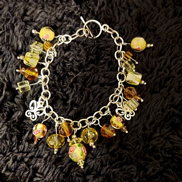 Glass Murano Bead and Butterflies Sterling Charm Bracelet size 7 inches - Picture 3 of 10